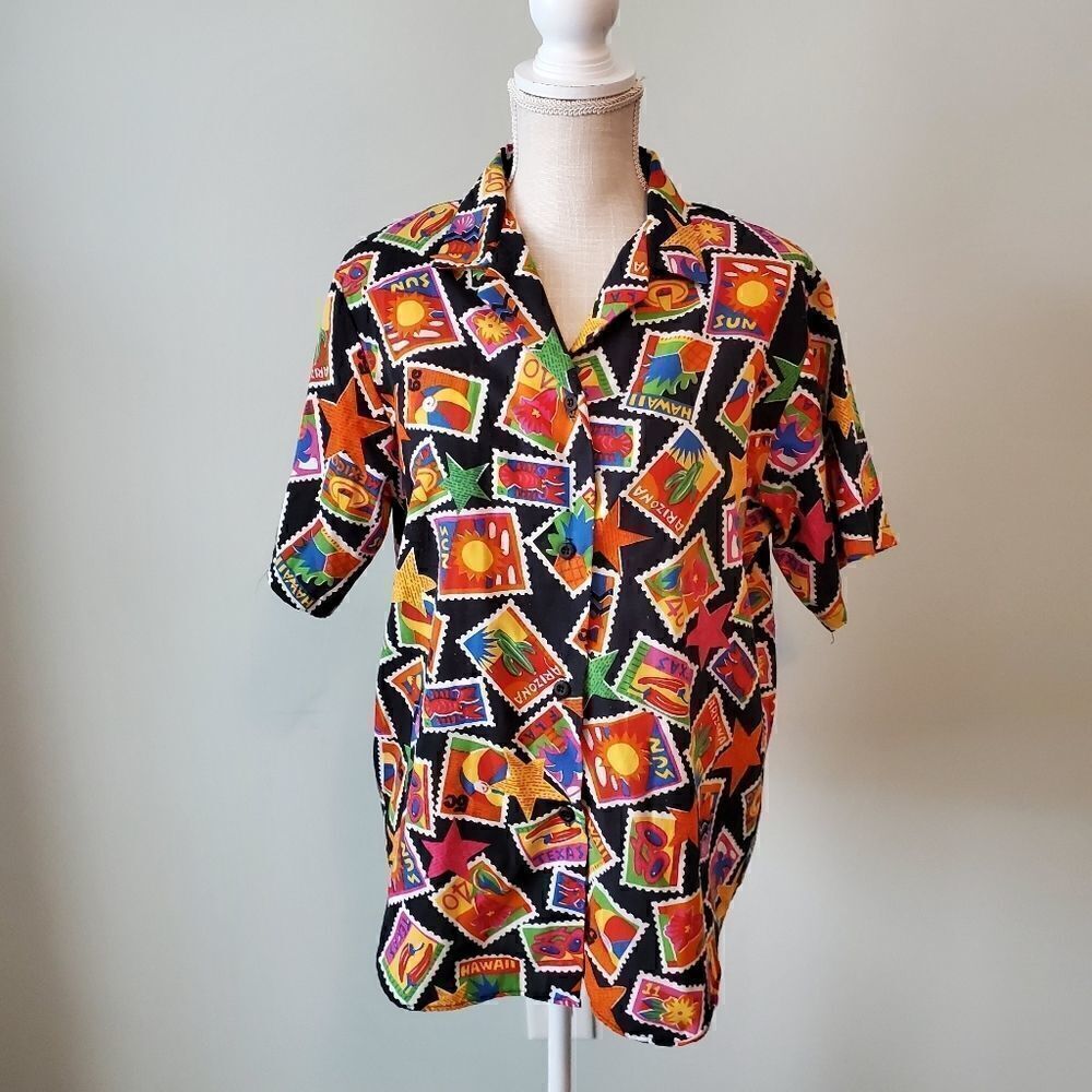 Charles Scott Vintage Women’s Short Sleeve Shirt Shoulder Pads Size M Vibrant